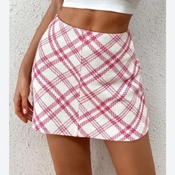 Zara Tweed White And Pink Check Mini Skirt - Picture 1 of 5